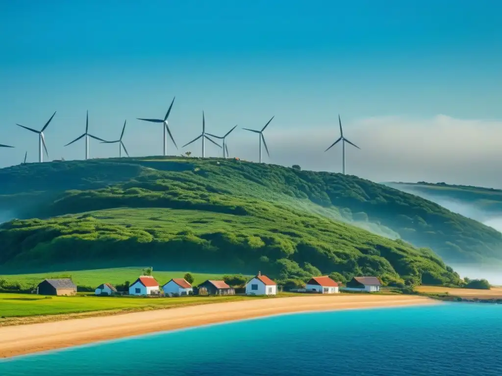 Un pequeño pueblo costero rodeado de naturaleza, con molinos de viento girando bajo un cielo azul