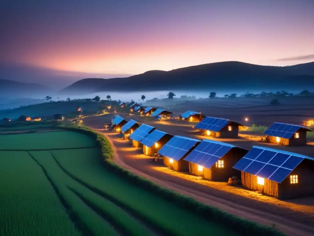 Un pequeño pueblo remoto iluminado por la iluminación solar, creando comunidades sostenibles