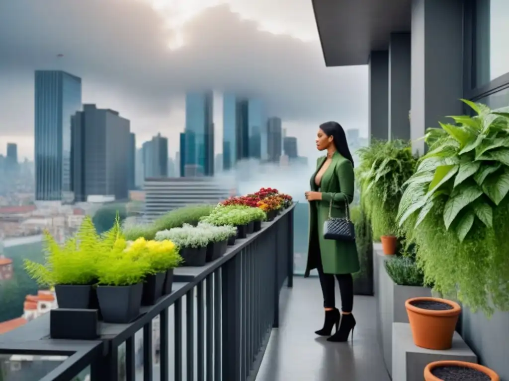 Un pequeño pulmón verde en un balcón urbano, lleno de plantas exuberantes y serenidad