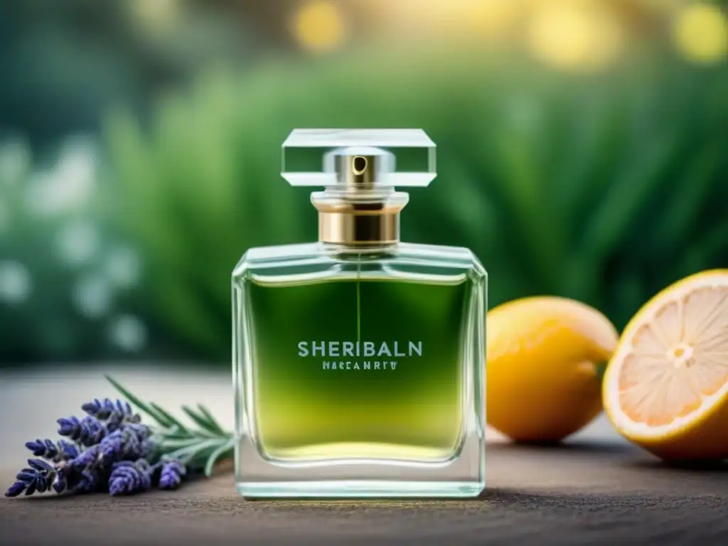 Perfume ecológico en botella de cristal con ingredientes botánicos frescos en jardín verde y soleado