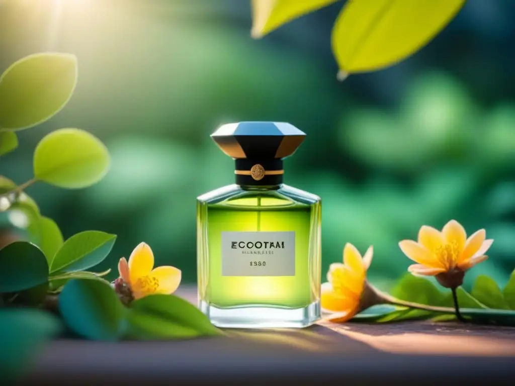 Perfume ecológico sostenible zero waste en botella de cristal, rodeado de naturaleza exuberante y flores delicadas bajo la luz del sol