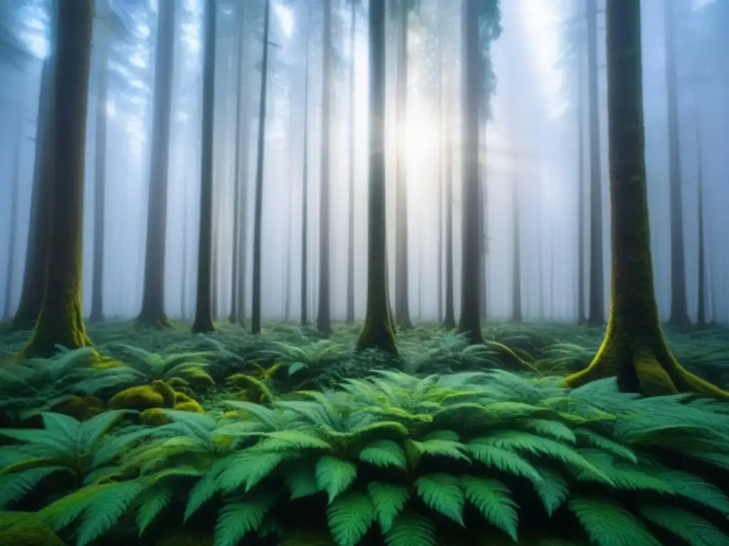 Periodismo ambiental sostenible urgencia: Bosque intocado, árboles gigantes y luz filtrada en el suelo cubierto de musgo