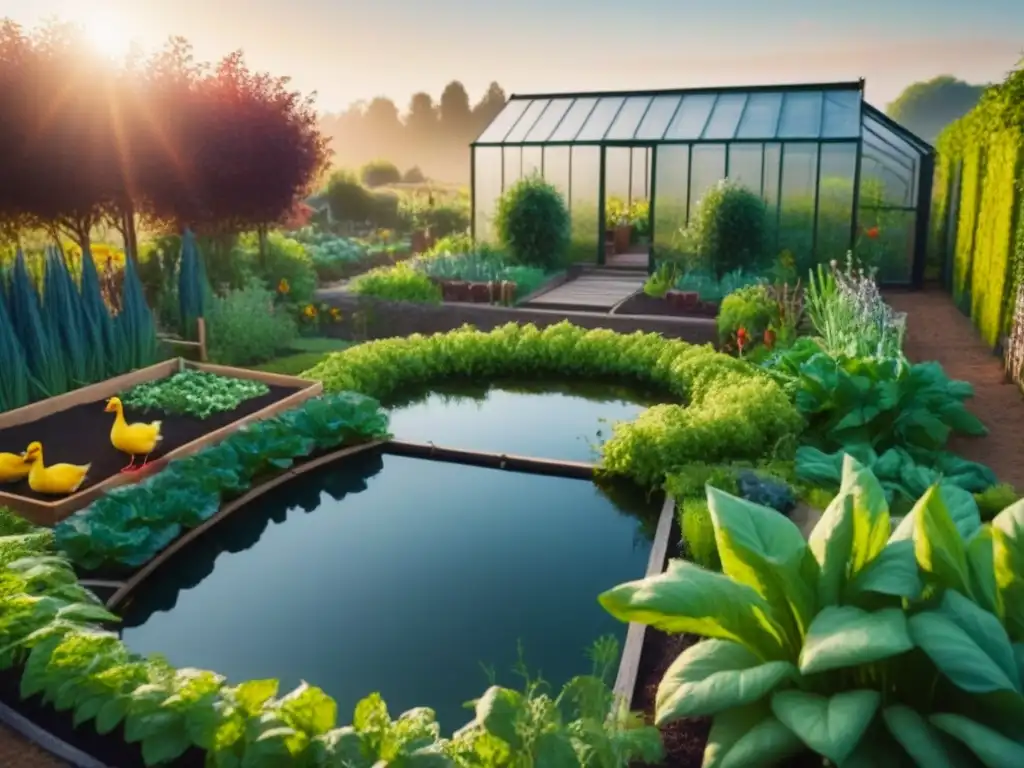 Un jardín de permacultura diverso y exuberante con verduras vibrantes, un estanque con patos y un invernadero próspero al atardecer