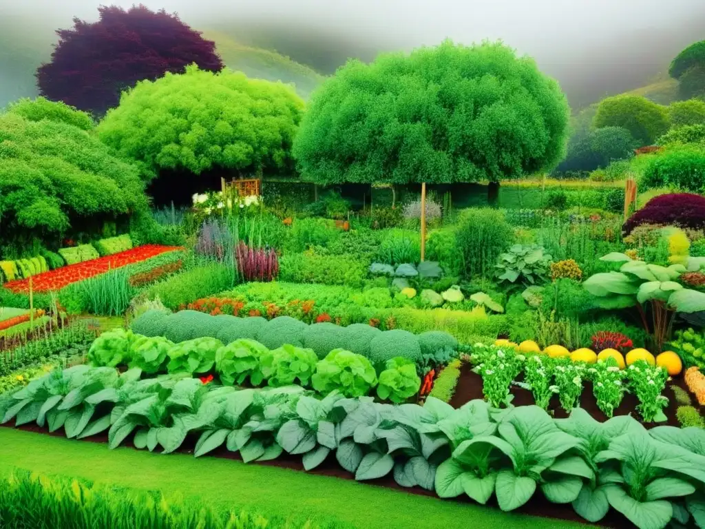 Un jardín de permacultura exuberante y detallado, con plantas coloridas y técnicas sostenibles