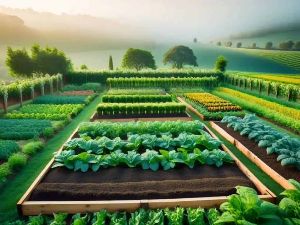 Jardín de permacultura con frutas, verduras y hierbas vibrantes en armonía