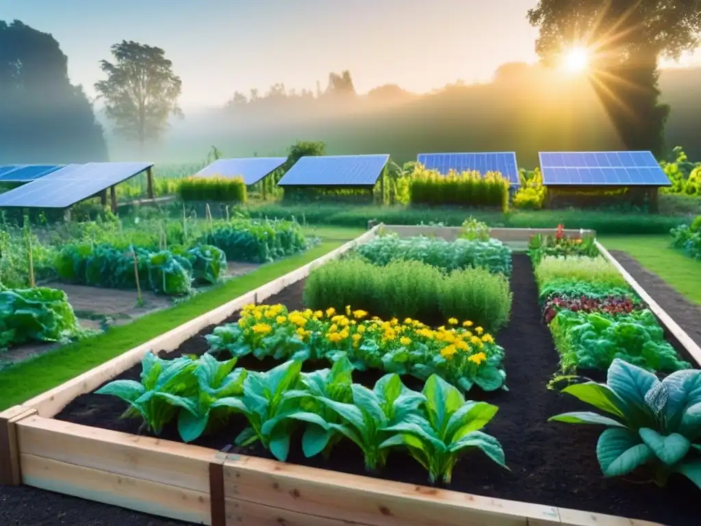 Un jardín de permacultura sereno y armonioso, con camas elevadas llenas de vegetales vibrantes, un estanque tranquilo y paneles solares integrados