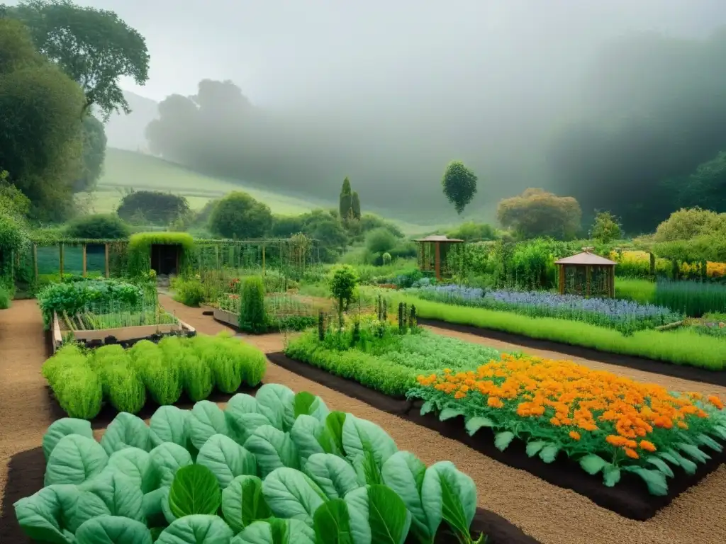 Un jardín de permacultura vibrante y armonioso, lleno de vida vegetal diversa en equilibrio sostenible