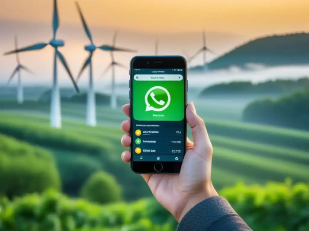Armonía tecnológica y natural: app sostenible en smartphone Persona usa app sostenible entre naturaleza y energía renovable