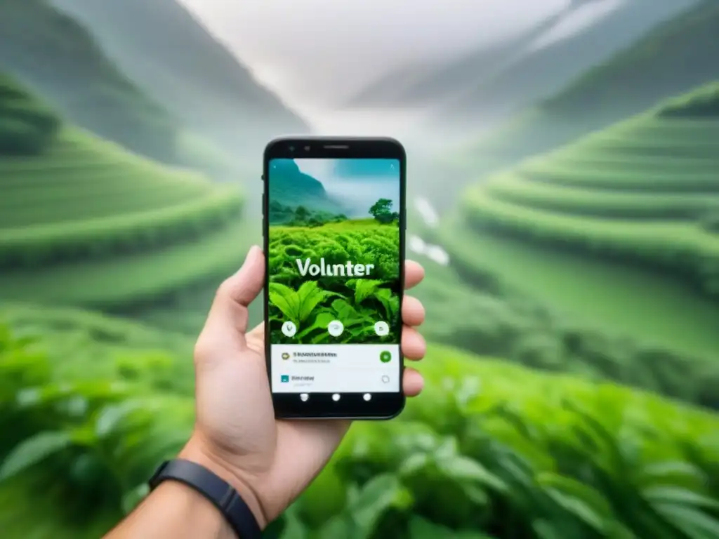 Persona usando app de voluntariado ambiental en armonía con la naturaleza