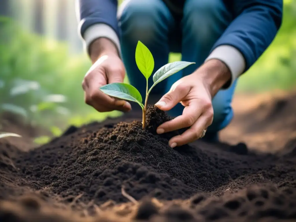 Persona plantando un árbol en un bosque verde, reducir huella ecológica acciones