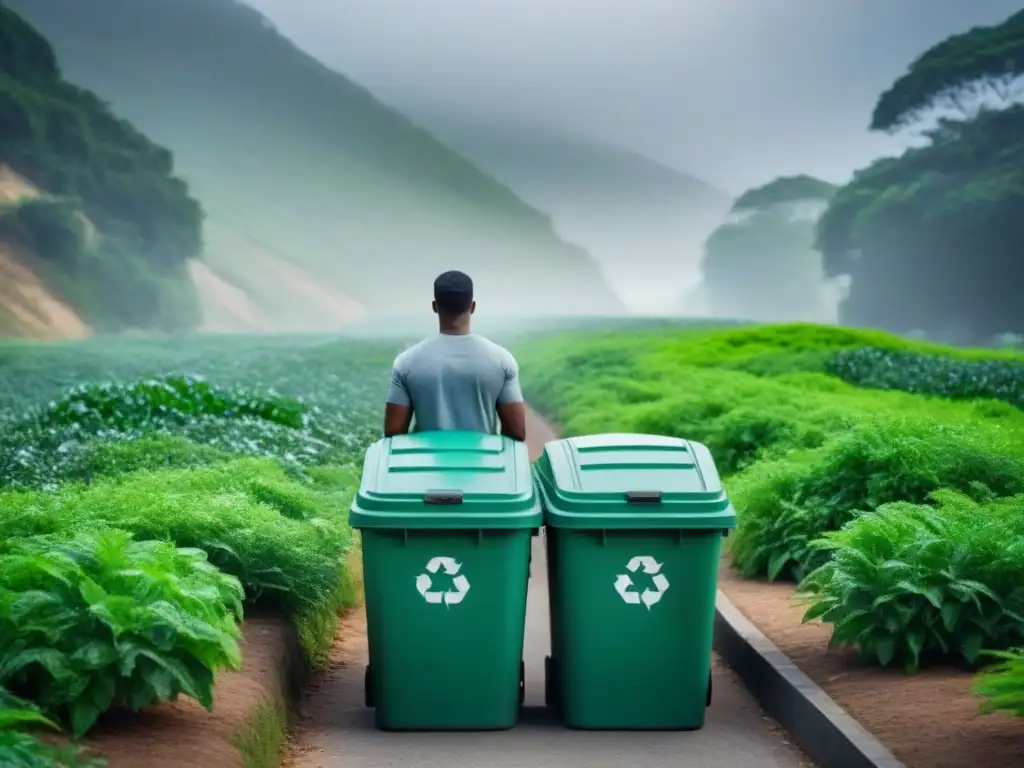 Persona en armonía con la naturaleza separando residuos en contenedores designados