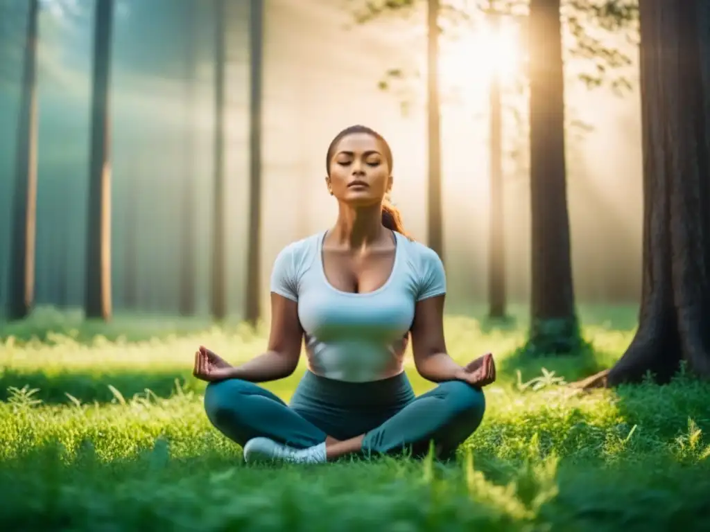 Persona practicando la atención plena para vida sostenible en un prado verde y arbolado, transmitiendo paz y conexión con la naturaleza