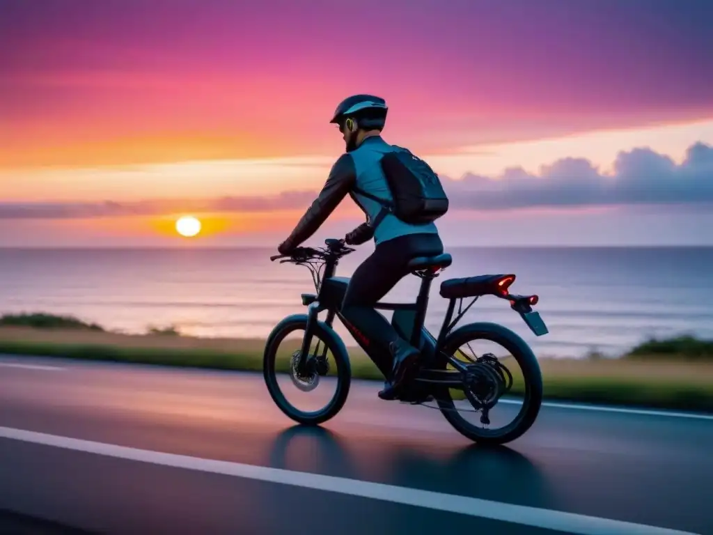 Persona en bicicleta eléctrica disfrutando de un atardecer vibrante en la costa