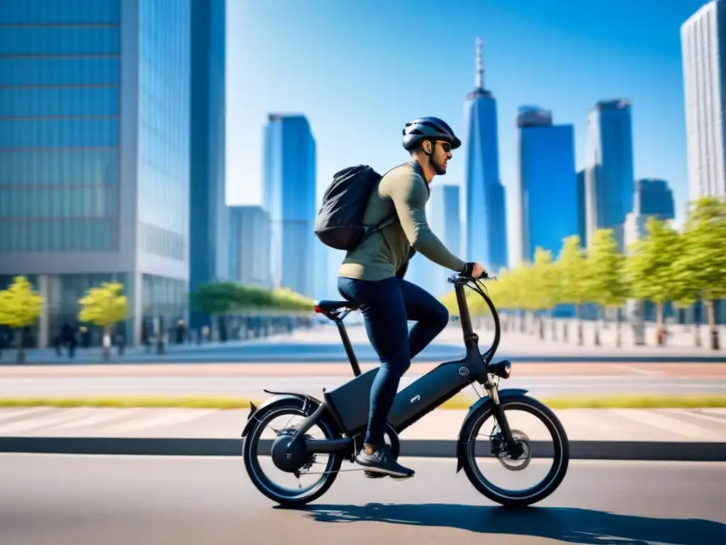 Persona en bicicleta eléctrica plegable sostenible recorre ciudad moderna