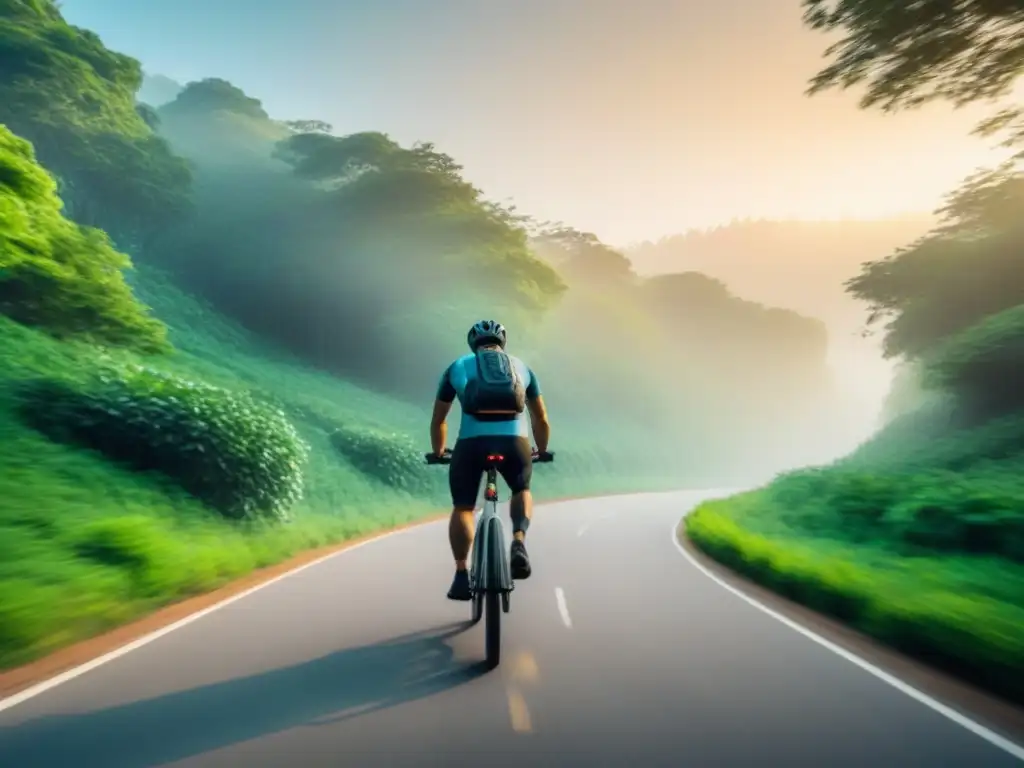 Persona en bicicleta eléctrica disfruta de la salud y calma en un paisaje verde