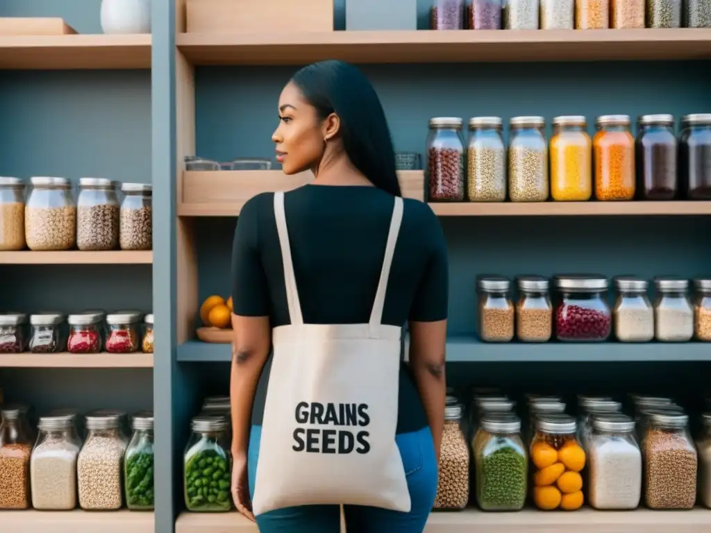 Persona con bolsa de compras sostenible frente a despensa organizada con ingredientes a granel