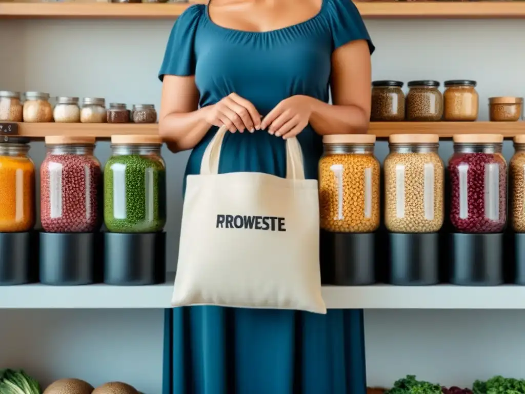 Persona con bolsa reusable y frutas frescas frente a tarros de granos y legumbres en Guía zero waste para principiantes