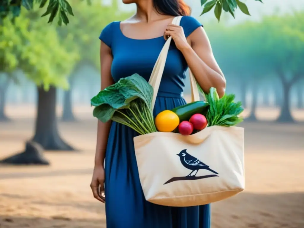 Persona sosteniendo bolsa reutilizable con alimentos frescos frente a árbol con aves, cielo azul