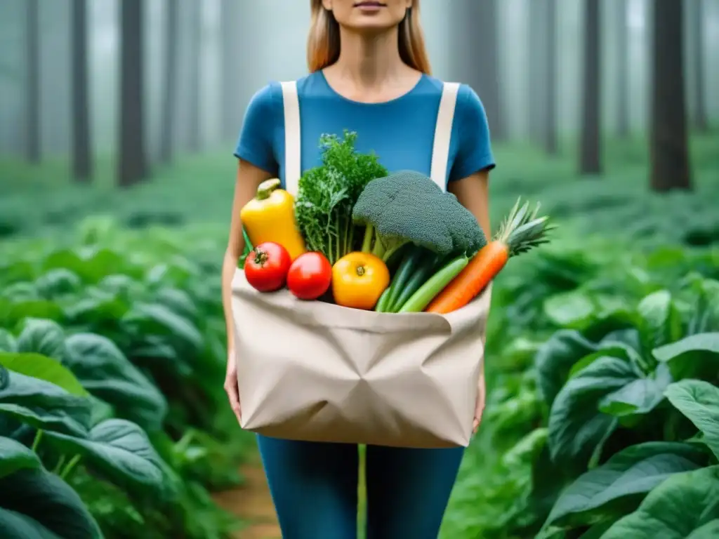 Persona con bolsa reutilizable de productos frescos frente a bosque verde