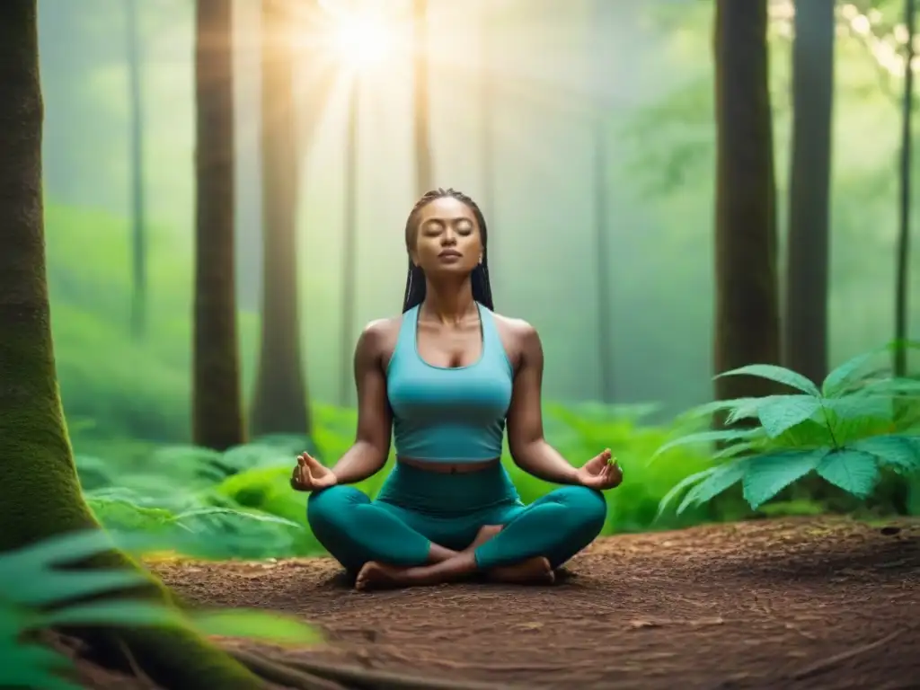 Persona meditando en el borde de un bosque verde exuberante, transmitiendo calma y paz