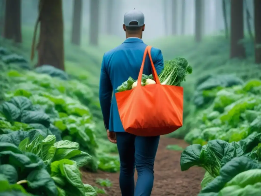 Persona en bosque con bolsa reutilizable de vegetales frescos