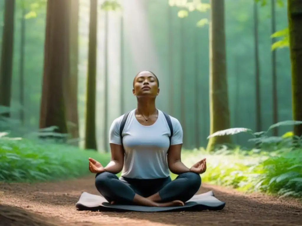 Persona meditando en el bosque, conectada con la naturaleza, transmitiendo calma y beneficios salud mental conexión naturaleza