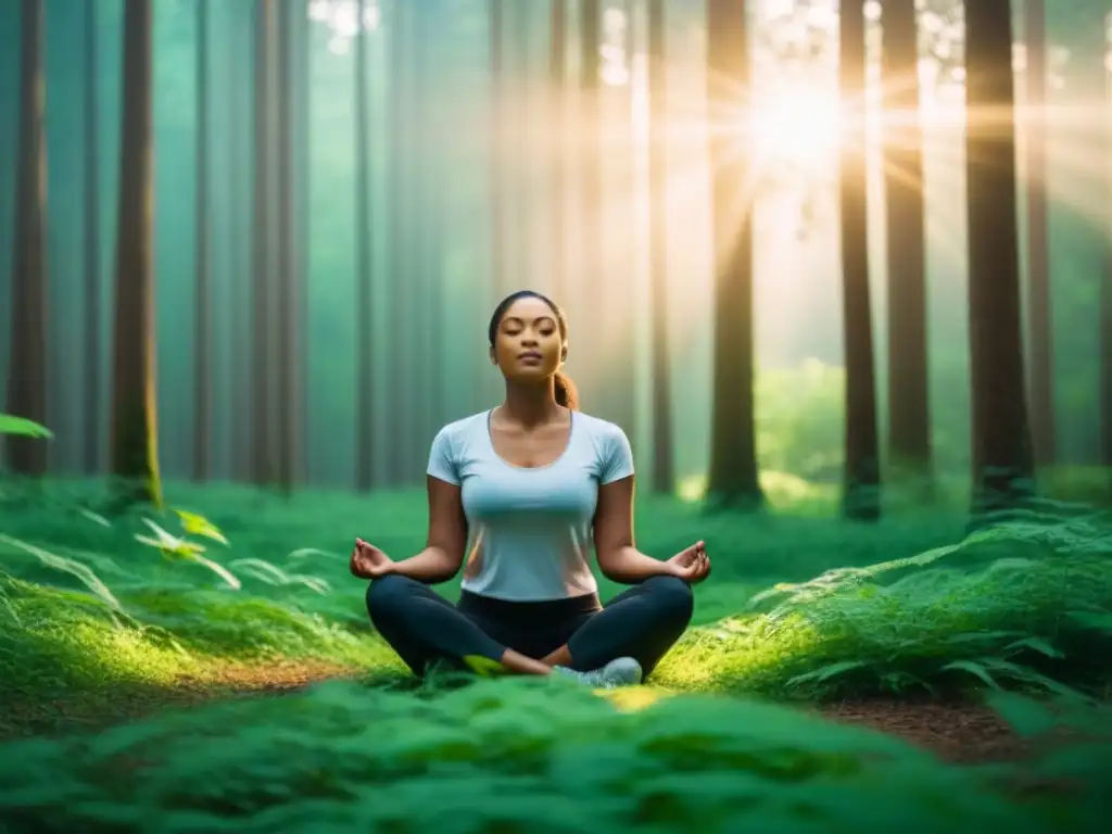 Persona en meditación en el bosque, transmitiendo paz y armonía