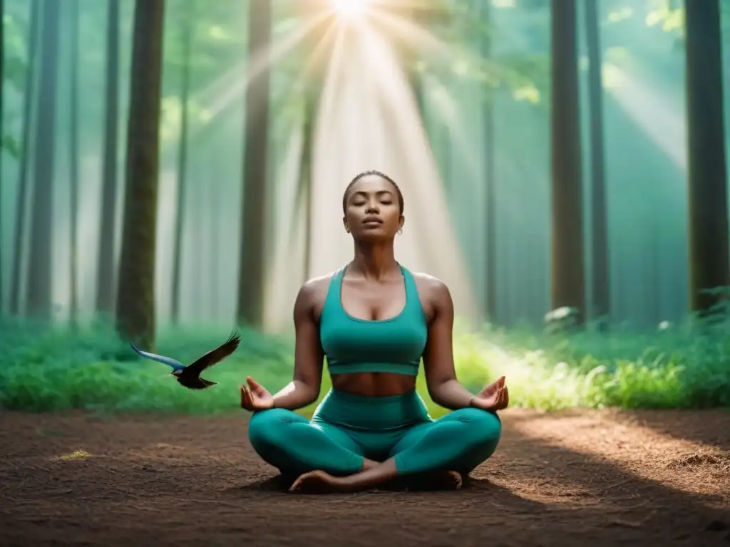 Persona meditando en el bosque, rodeada de árboles altos y aves cantando