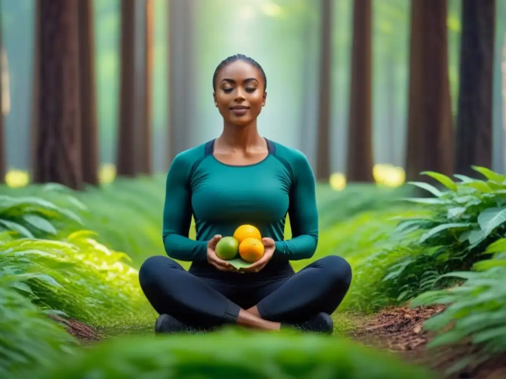 Persona en el bosque sostenible, practicando alimentación consciente sostenible zero waste con una fruta fresca