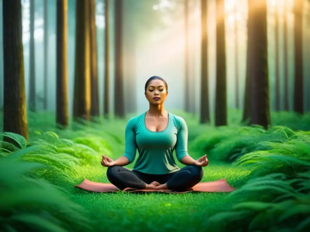 Persona meditando en un bosque verde, equilibrio mental en estilo sostenible