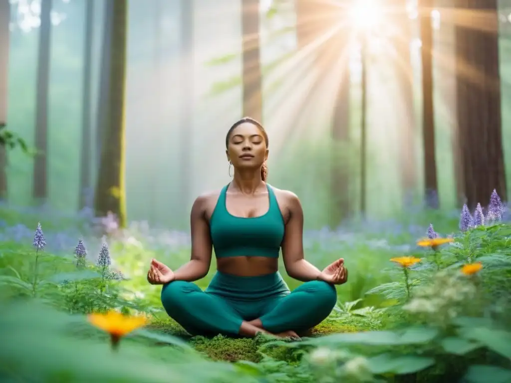 Persona meditando en bosque verde con flores silvestres, transmitiendo paz y conexión con la naturaleza