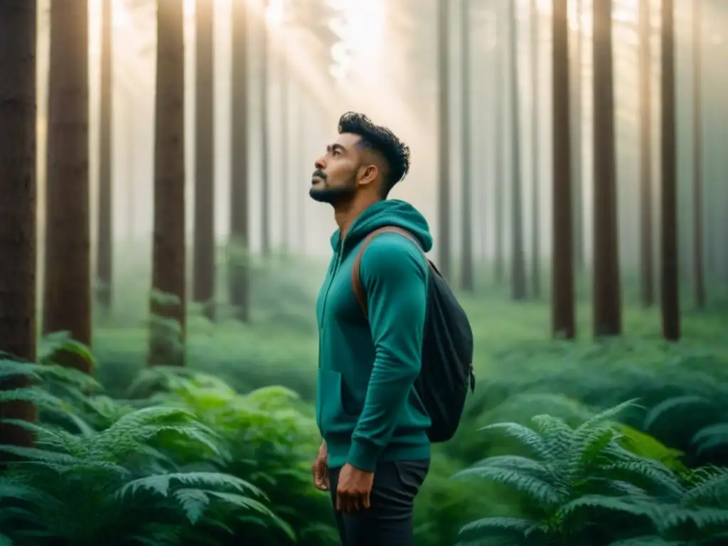 Persona en bosque verde, luz entre árboles, conexión con naturaleza y calma