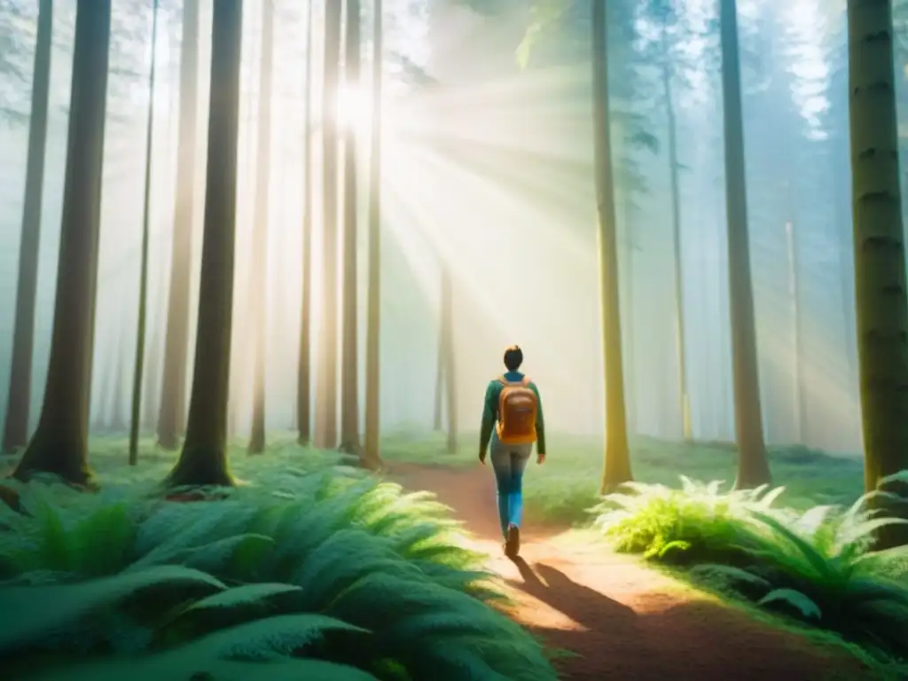 Persona caminando en un bosque verde, bajo la luz del sol