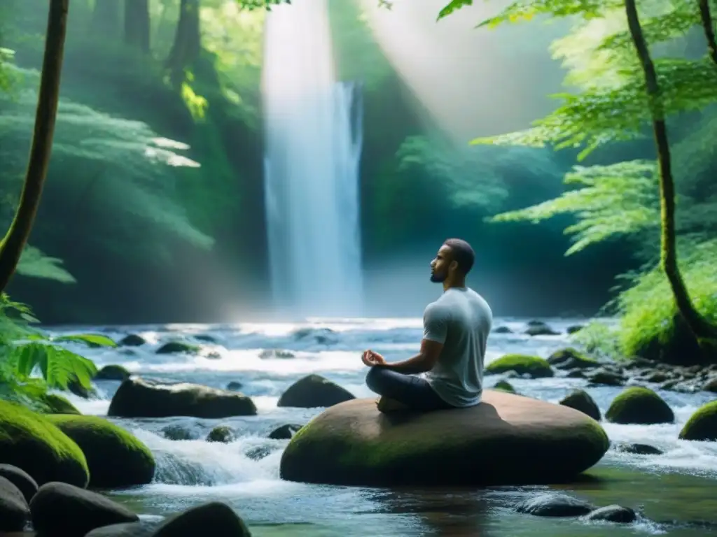 Persona meditando en bosque verde, conectando con la naturaleza