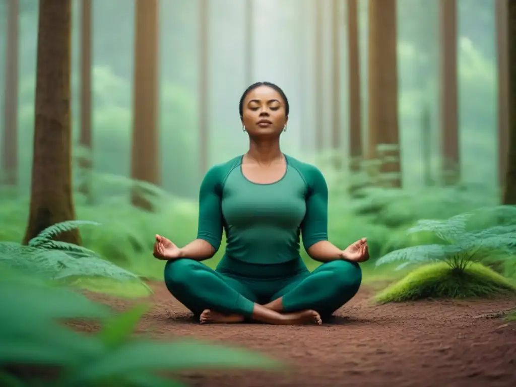 Persona meditando en un bosque verde, conectando con la naturaleza para beneficios de desintoxicación digital y salud mental