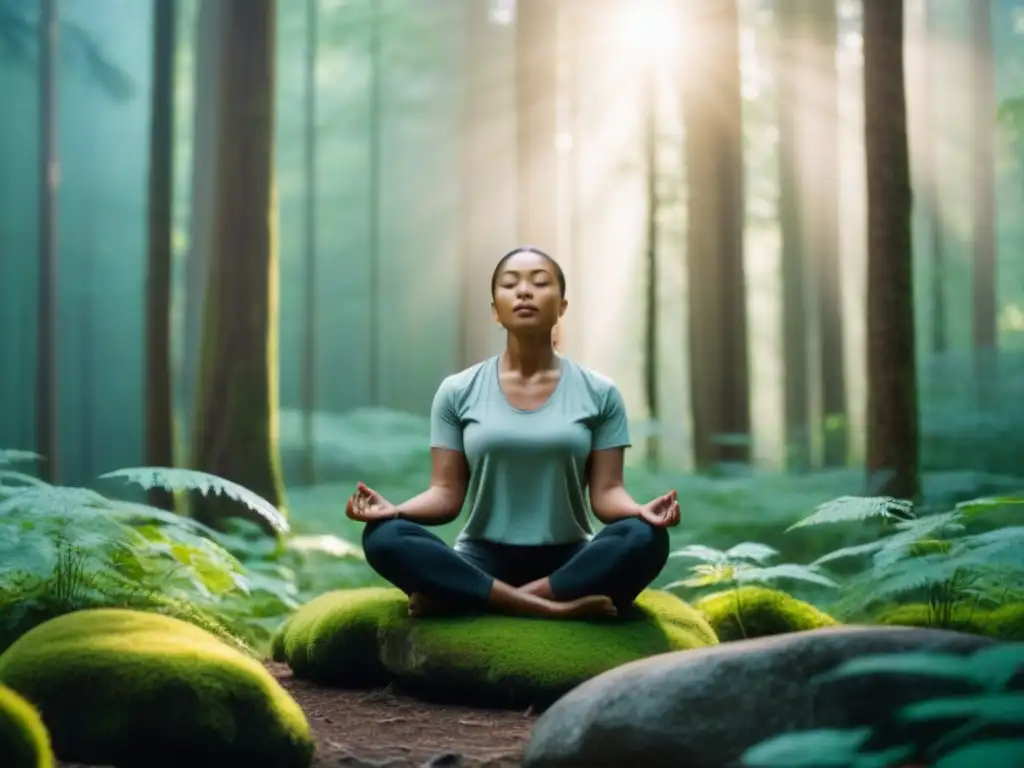 Persona meditando en un bosque verde, transmitiendo paz y conexión con la naturaleza