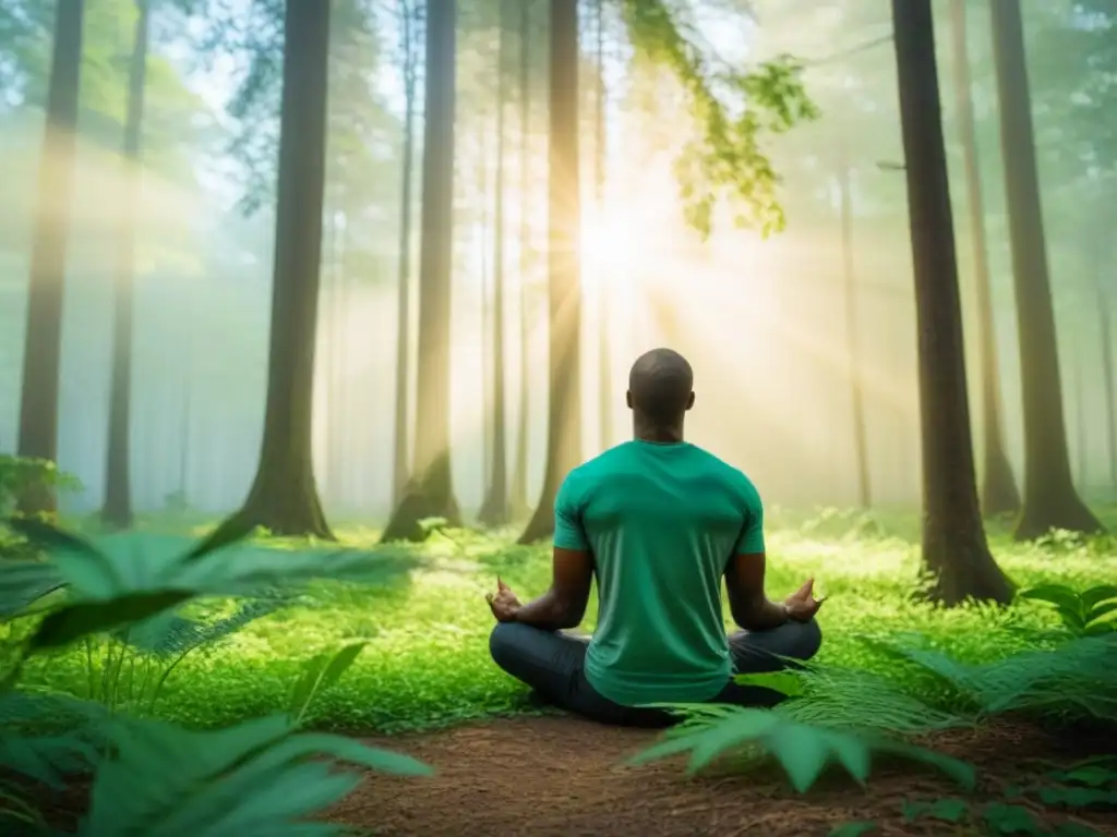 Persona meditando en un bosque verde, rodeada de árboles altos y aves cantando, con rayos de sol filtrándose