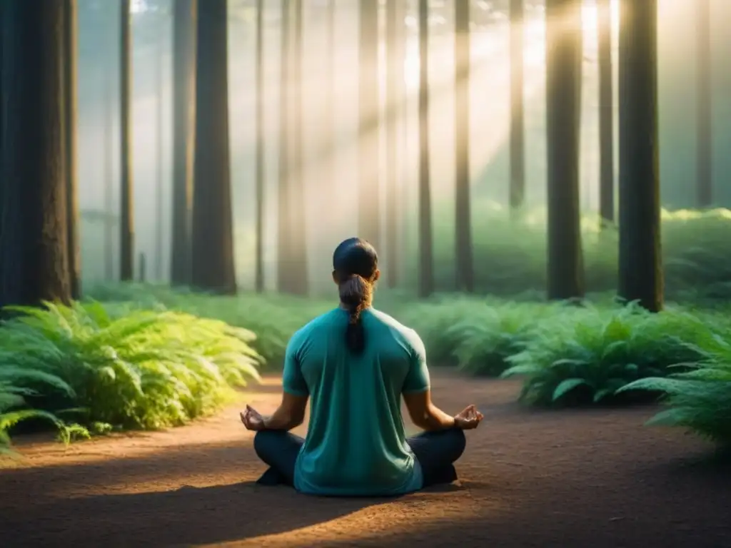 Persona meditando en un bosque verde rodeado de árboles altos, con luz solar filtrándose entre las hojas