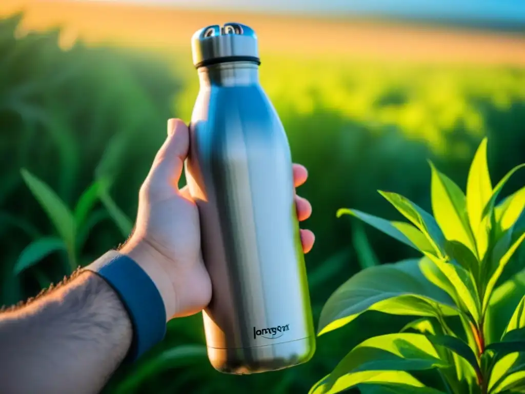 Persona con botella de acero rodeada de plantas verdes y cielo azul, estilo de vida sostenible zero waste