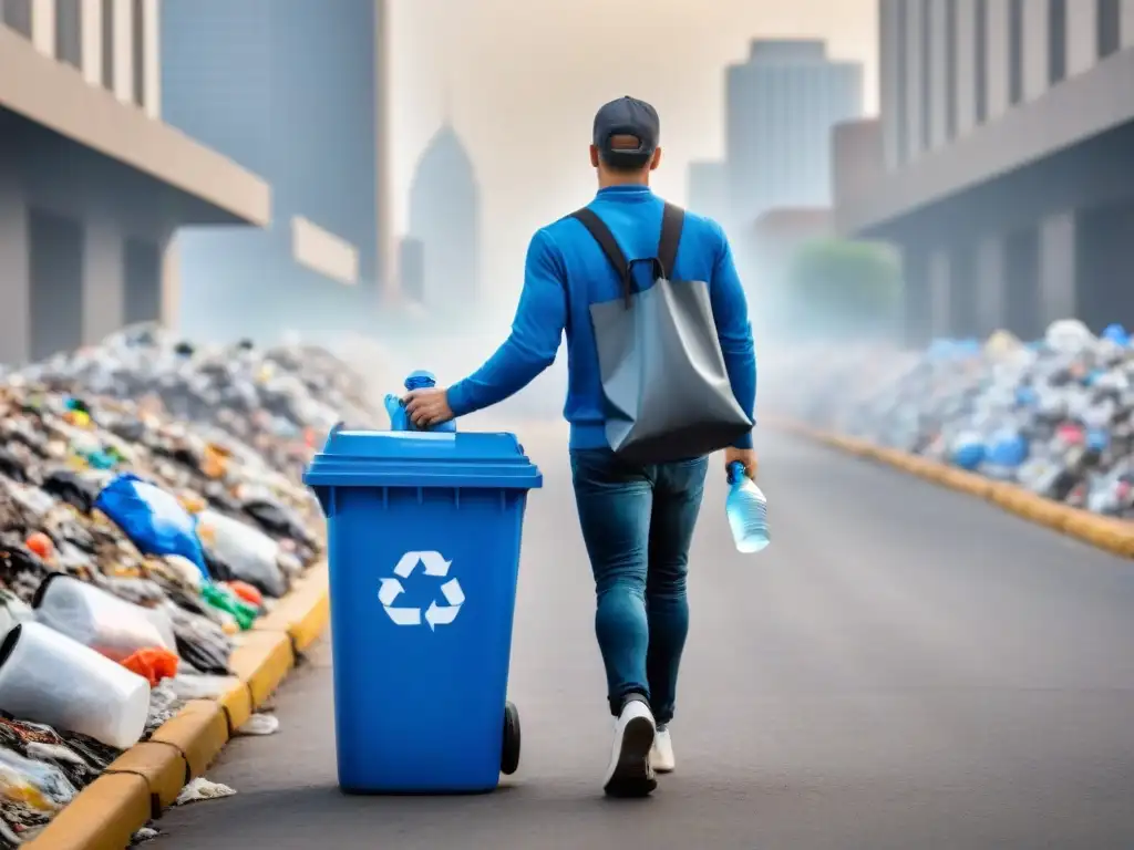 Una persona con botella y bolsa sostenibles frente a basura plástica en la ciudad