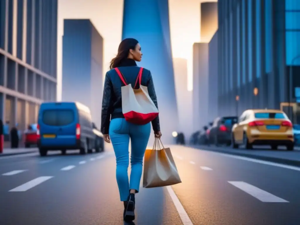 Persona en una ciudad limpia al amanecer, llevando una bolsa reutilizable con compras