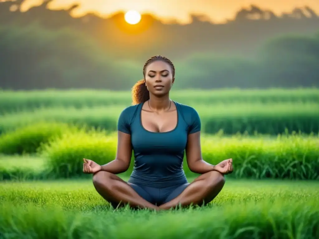Persona en meditación, conectada con la naturaleza al atardecer