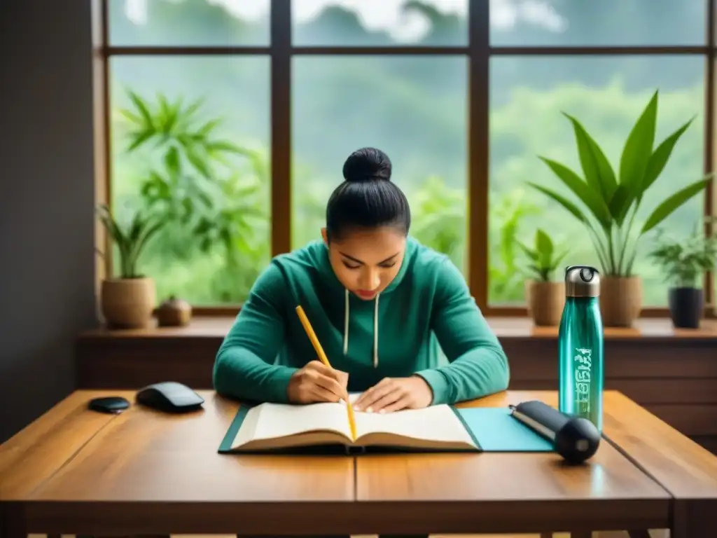 Persona escribiendo en cuaderno ecológico, rodeada de plantas, luz natural y objetos sostenibles