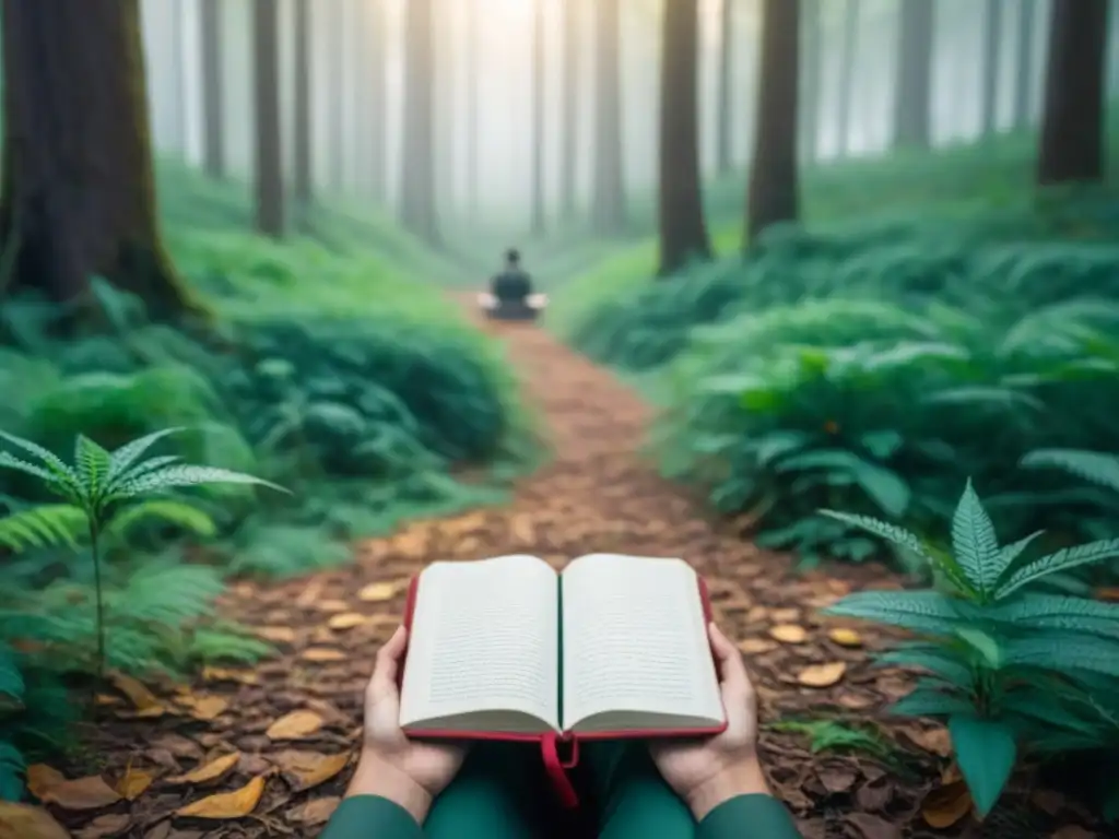 Persona escribiendo en un diario en el bosque, conectando con la naturaleza: Escritura como conexión con naturaleza