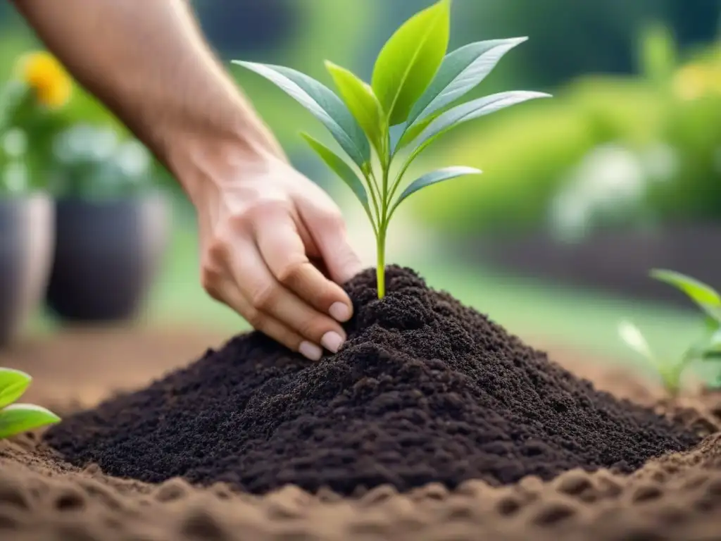 Persona integrando educación ambiental en la vida diaria al plantar un árbol en jardín verde y colorido