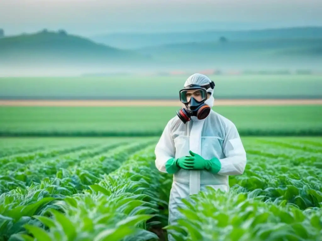 Persona con equipo de protección en campo agrícola, simbolizando prevención de efectos pesticidas en salud humana