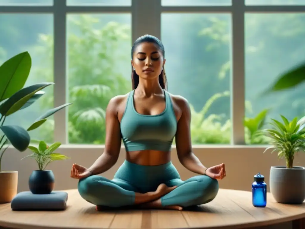 Persona meditando en un espacio ecofriendly, con plantas verdes y luz natural, reflejando el estilo de vida zero waste