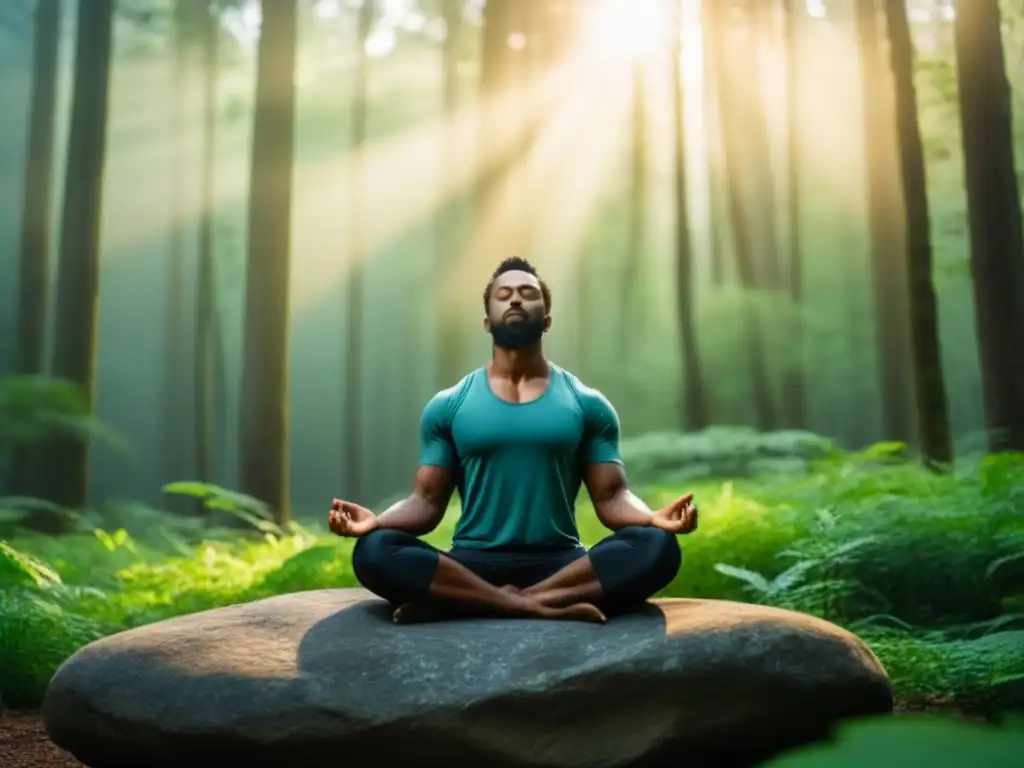 Persona meditando en estilo sostenible, equilibrio mental en el bosque verde