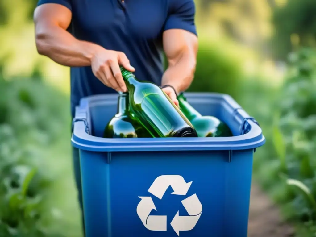 Persona feliz reciclando botellas de vidrio en un contenedor azul, promoviendo un estilo de vida sostenible en un centro de reciclaje