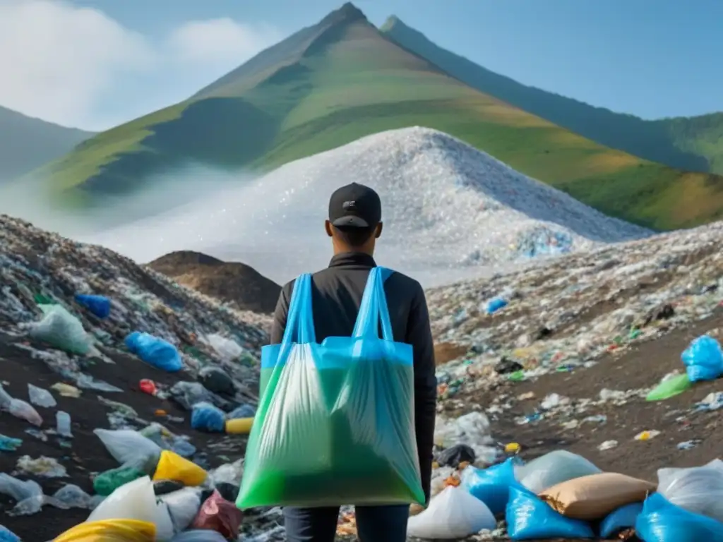 Persona frente a montaña de plástico, con bolsa reutilizable